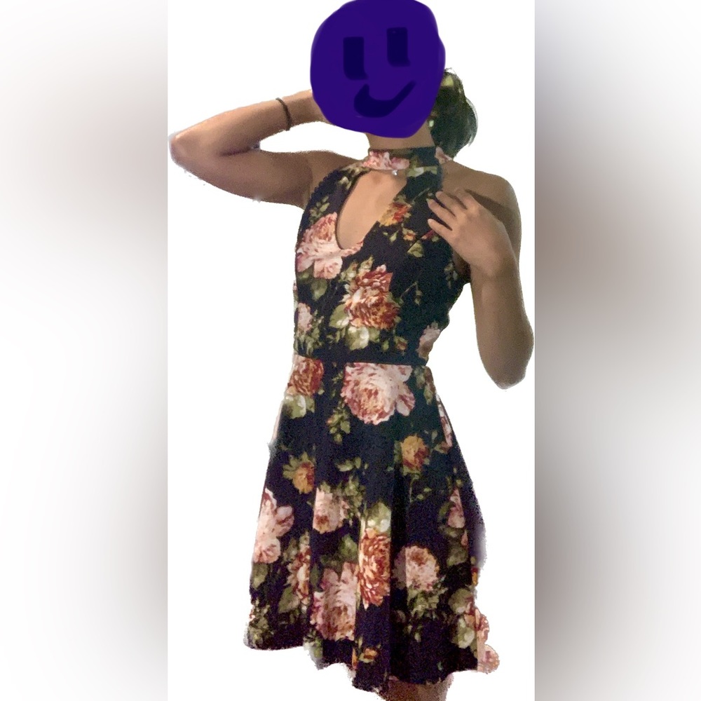 Black and pink flower print high neck mini dress (size 3)